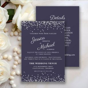 Navy Blue Silver Glitter Wedding and Details Invitation