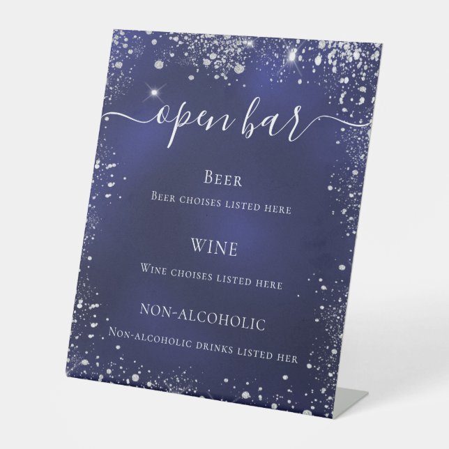Navy blue silver glitter wedding bar menu pedestal sign (Front)