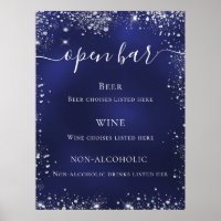 Navy blue silver glitter wedding bar menu