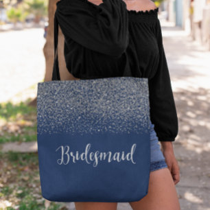 Navy Blue Silver Glitter Wedding Bridesmaid Tote Bag