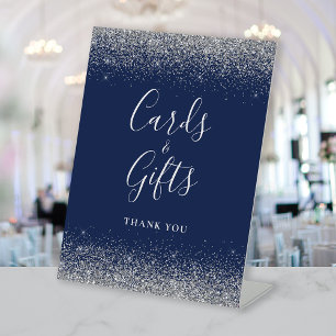 Navy Blue Silver Glitter Wedding Cards and Gifts Pedestal Sign