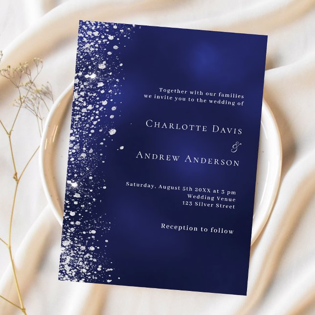 Navy blue silver glitter wedding invitation (Creator Uploaded)