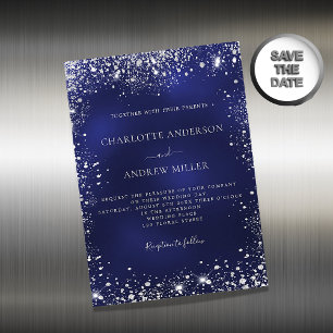 Navy blue silver glitter wedding invitation magnet