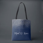 navy Blue Silver Glitter Wedding Maid of Honour Tote Bag<br><div class="desc">This design was created through digital design. Contact me at colorflowcreations@gmail.com if you with to have this design on another product. Purchase my original abstract acrylic painting for sale at www.etsy.com/colorflowart. See more of my creations or follow me at www.facebook.com/colorflowcreations, www.instagram.com/colorflowcreations, www.twitter.com/colorflowart, and www.pinterest.com/colorflowcreations. Fluid acrylic painting, abstract art, abstract...</div>