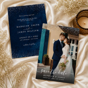 Navy Blue Silver Glitter Wedding Photo Save The Date