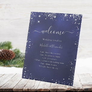 Navy blue silver glitter wedding program timeline pedestal sign