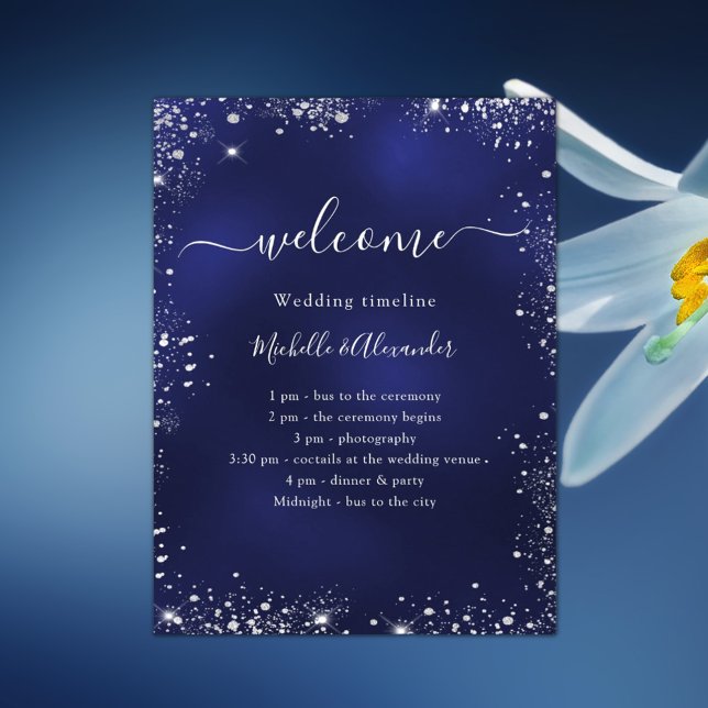 Navy blue silver glitter wedding program timeline poster (Creator Uploaded)