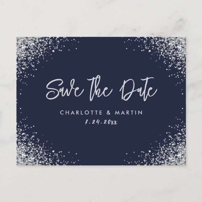 Navy Blue Silver Glitter Wedding Save The Date Announcement Postcard (Front)
