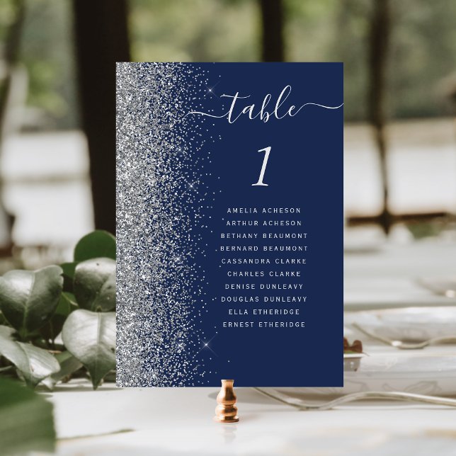 Navy Blue Silver Glitter Wedding Table Number (Creator Uploaded)