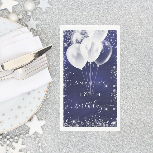 Navy blue silver glitter white balloons birthday napkin (Creator Uploaded)