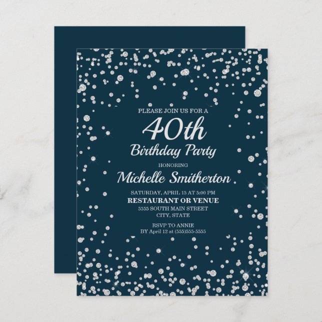 Navy Blue Silver Glitter Women 40th Birthday Card (Front/Back)