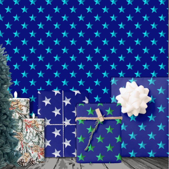 Navy Blue Silver Green Turquoise Blue Stars Wrapping Paper Sheet (Creator Uploaded)