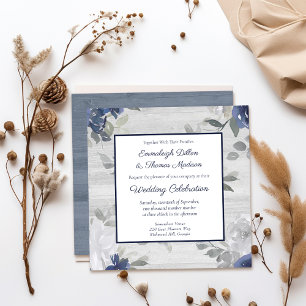 Navy Blue Silver Grey Floral Pattern Wedding Invitation