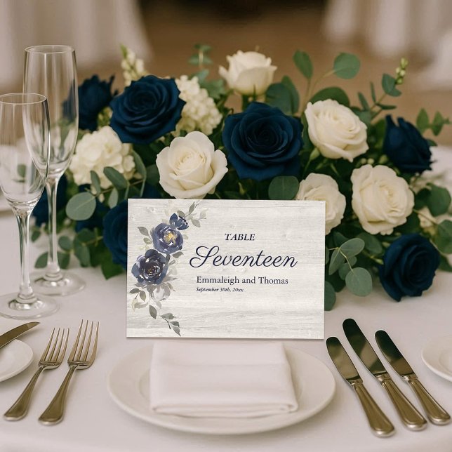Navy Blue Silver Grey Floral Wedding Table Number (Creator Uploaded)