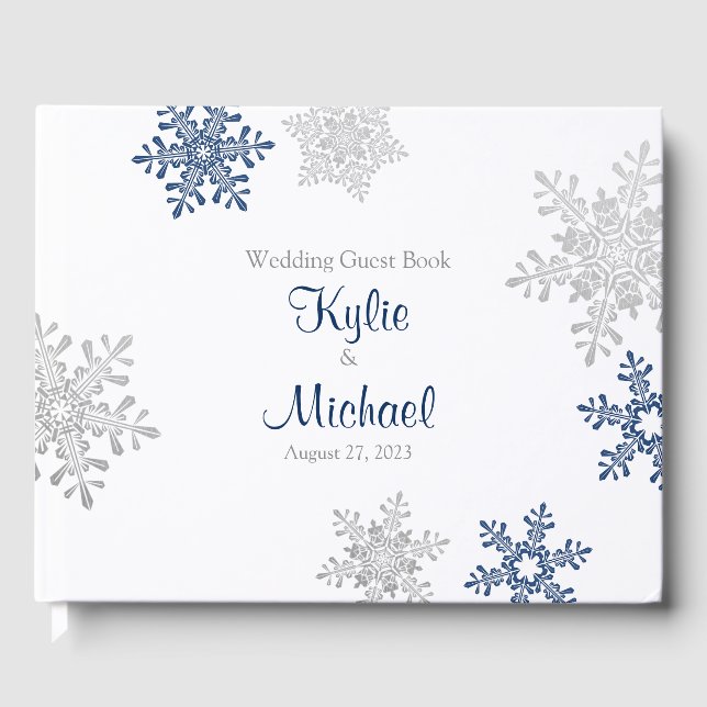 Navy Blue Silver Grey Snowflake Winter Wedding Guest Book (Front)