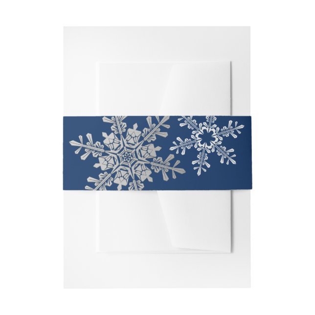 Navy Blue Silver Grey Snowflake Winter Wedding Invitation Belly Band (Front Example)