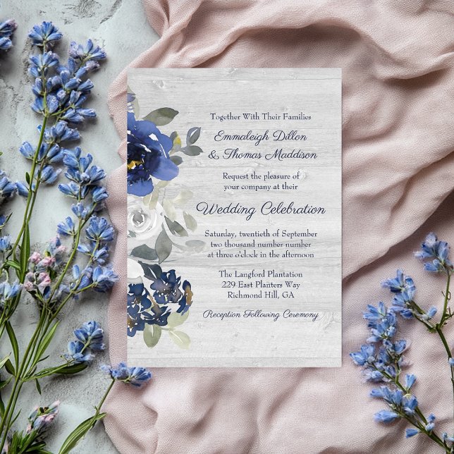 Navy Blue Silver Grey Watercolor Floral Wedding Invitation (Creator Uploaded)