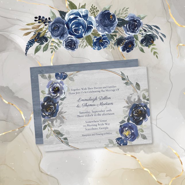 Navy Blue Silver Grey Watercolor Floral Wedding Invitation (Creator Uploaded)