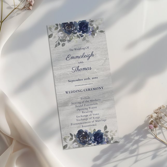Navy Blue Silver Grey Watercolor Floral Wedding Programme (Creator Uploaded)