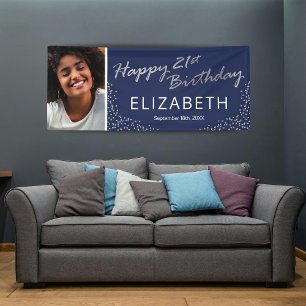 Navy Blue Silver Happy 21st Birthday Photo Banner