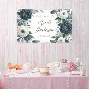 Navy Blue & Silver Ivory Floral Bridal Shower Banner