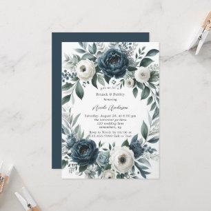 Navy Blue & Silver Ivory Floral Brunch & Bubbly Invitation