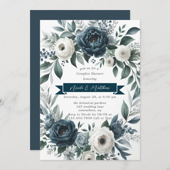 Navy Blue & Silver Ivory Floral Couples Shower Invitation (Front/Back)