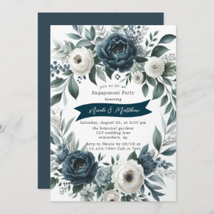Navy Blue & Silver Ivory Floral Engagement Party Invitation