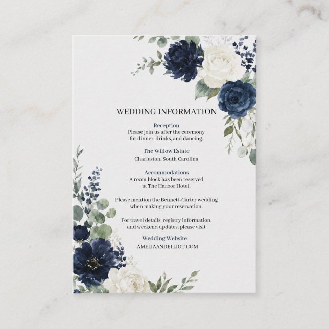 Navy Blue Silver Ivory Floral Wedding Enclosure Card (Front)