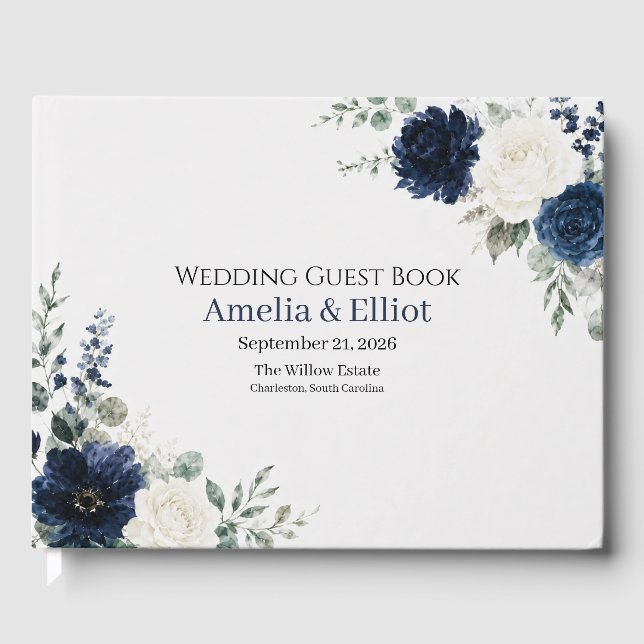 Navy Blue Silver Ivory Floral Wedding Guest Book (Front)