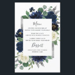 Navy Blue Silver Ivory Floral Wedding Menu Cards<br><div class="desc">Design features an elegant watercolor floral wreath decorated with peonies, roses, eucalyptus greenery and more in shades of navy blue, green and ivory. Design also features a silver grey printed box beneath the wreath with a modern font - text layout. A matching floral arrangement is added to the back to...</div>