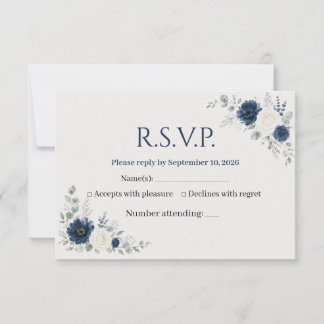 Navy Blue Silver Ivory Floral Wedding RSVP Card