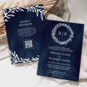 Navy Blue Silver Leaf Branch QR Code Wedding Invitation