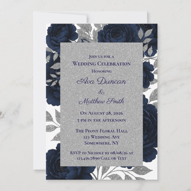 Navy Blue & Silver Leaves Wedding Celebration Invitation (Front)
