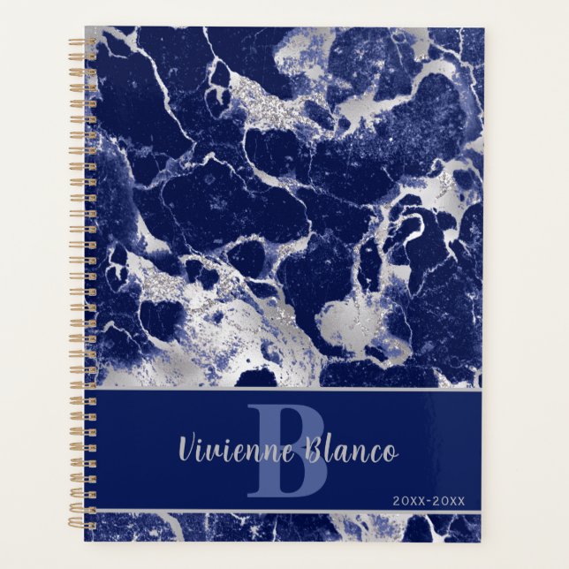 Navy Blue Silver Marble Abstract Glitter Art Desig Planner (Front)