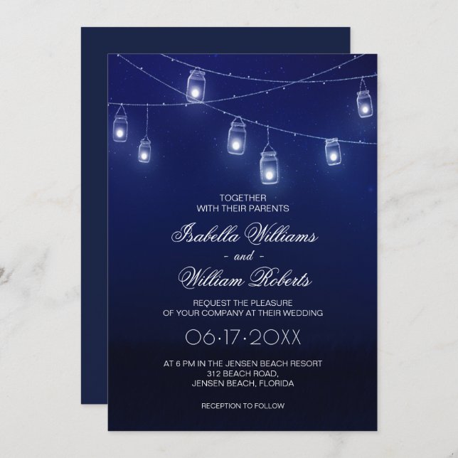 Navy Blue & Silver Mason Jar String Lights Wedding Invitation (Front/Back)