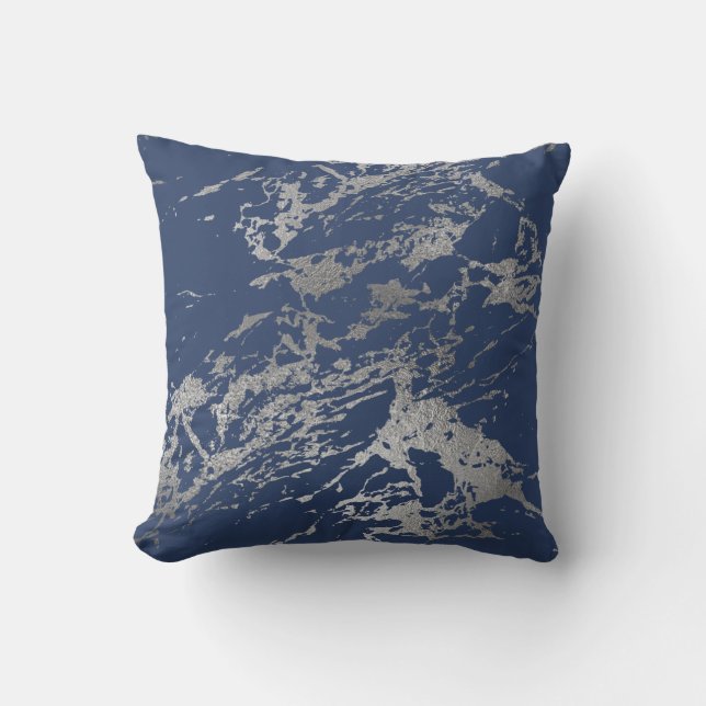Navy Blue Silver Metallic Foil Marble Rock Cushion (Front)