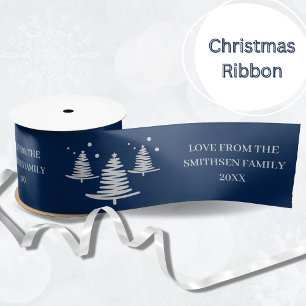 Navy Blue Silver Minimalist Christmas Trees Satin Ribbon