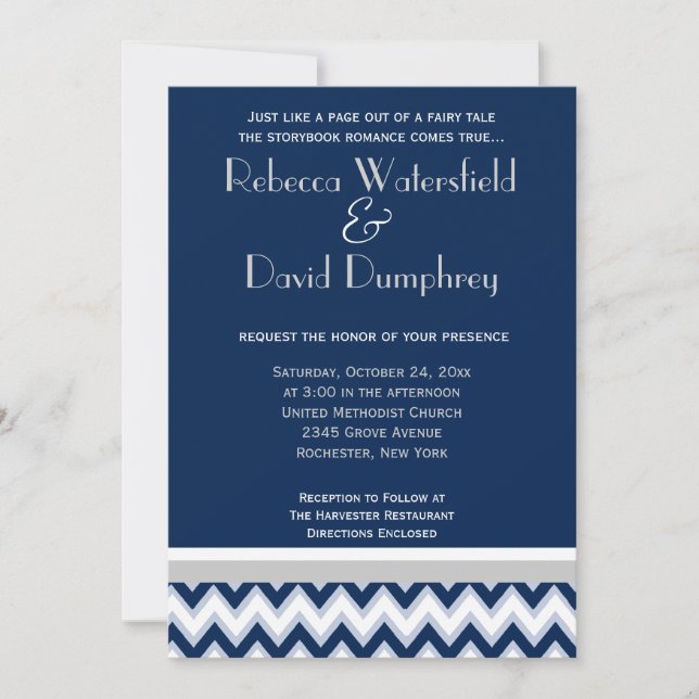 Navy Blue & Silver Mod Chevron Wedding Invitation (Front)