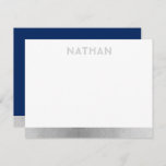 Navy Blue Silver Modern Bar Mitzvah Thank You Card<br><div class="desc">Bar Mitzvah and Bat Mitzvah Personalised Modern Thank You Note Cards with a simple and modern blue and silver grey border stripe and personalised name in a subtle unique fun font at the top. Coordinating items available in the Paper Grape Zazzle Designer Shop Bar Mitzvah Section. Edit the colours and...</div>