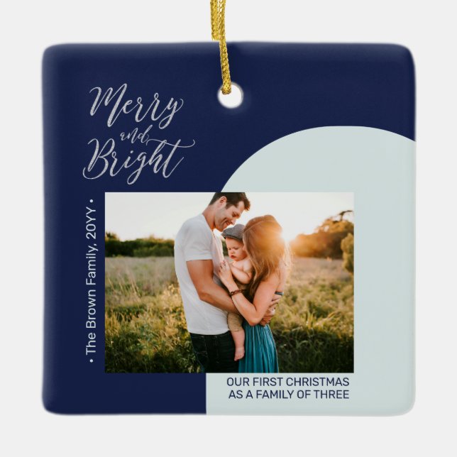 Navy Blue & Silver Modern Photo Christmas Family Ceramic Ornament (Front)