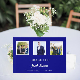 Navy blue silver name script photo Graduation Guest Book