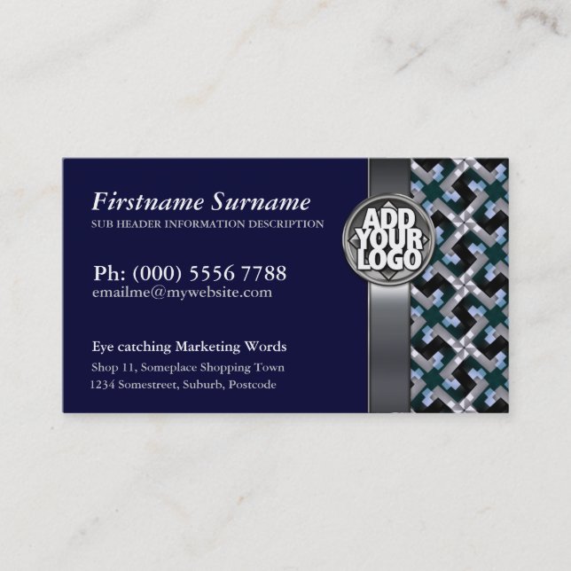 Navy Blue + Silver Pattern  w/ Logo Business Cards (Front)