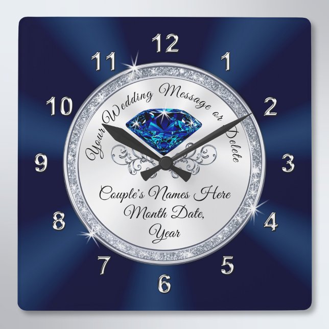Navy Blue, Silver Personalised Wedding Clock (Navy Blue and Silver Wedding Clock. Spinel anniversary gifts. Personalised wedding clocks. )