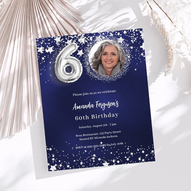 Navy blue silver photo 60th birthday invitation (Creator Uploaded)