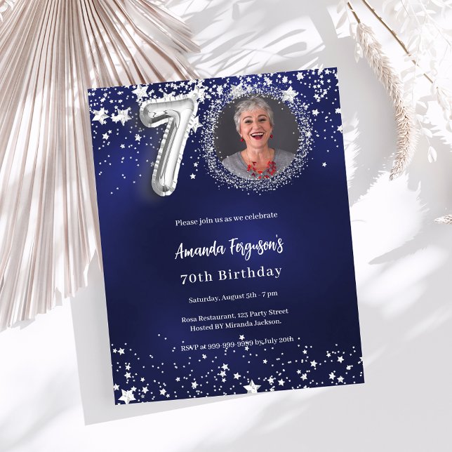 Navy blue silver photo 70th birthday invitation (Creator Uploaded)