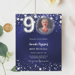 Navy blue silver photo 90th birthday invitation<br><div class="desc">A modern,  stylish photo invitation for a 90th birthday party.  A navy blue background,  decorated with stars. The blue colour is uneven. Personalise and add your photo and party details.  

1 sheet = 1 invitation printed edge to edge.</div>