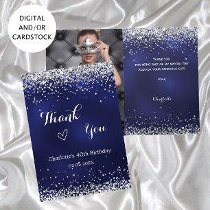 Navy blue silver photo birthday thank you card