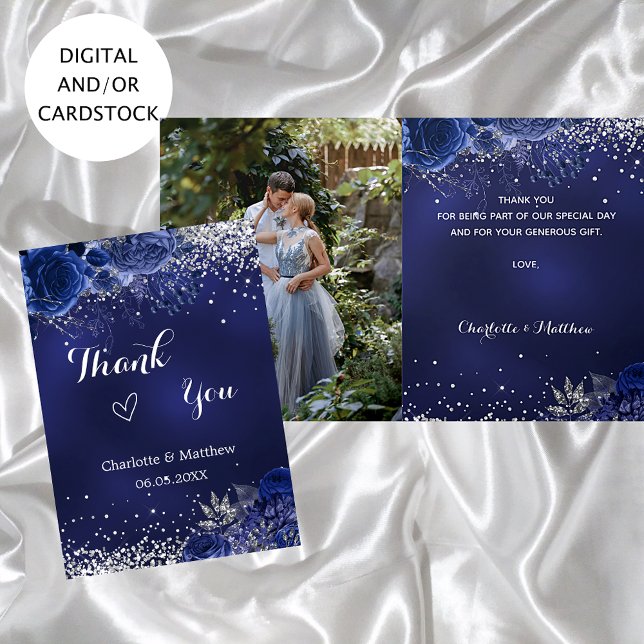Navy blue silver photo floral wedding thank you card (Creator Uploaded)