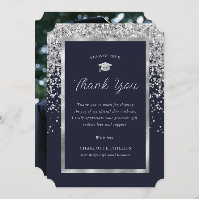 Navy Blue Silver Photo Graduation Thank You Card (Front/Back)